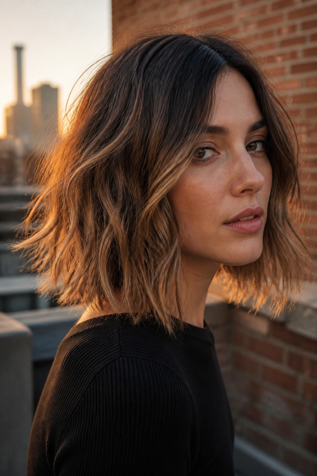 Close-up of a real woman's piecey end lob showing separated textured ends
