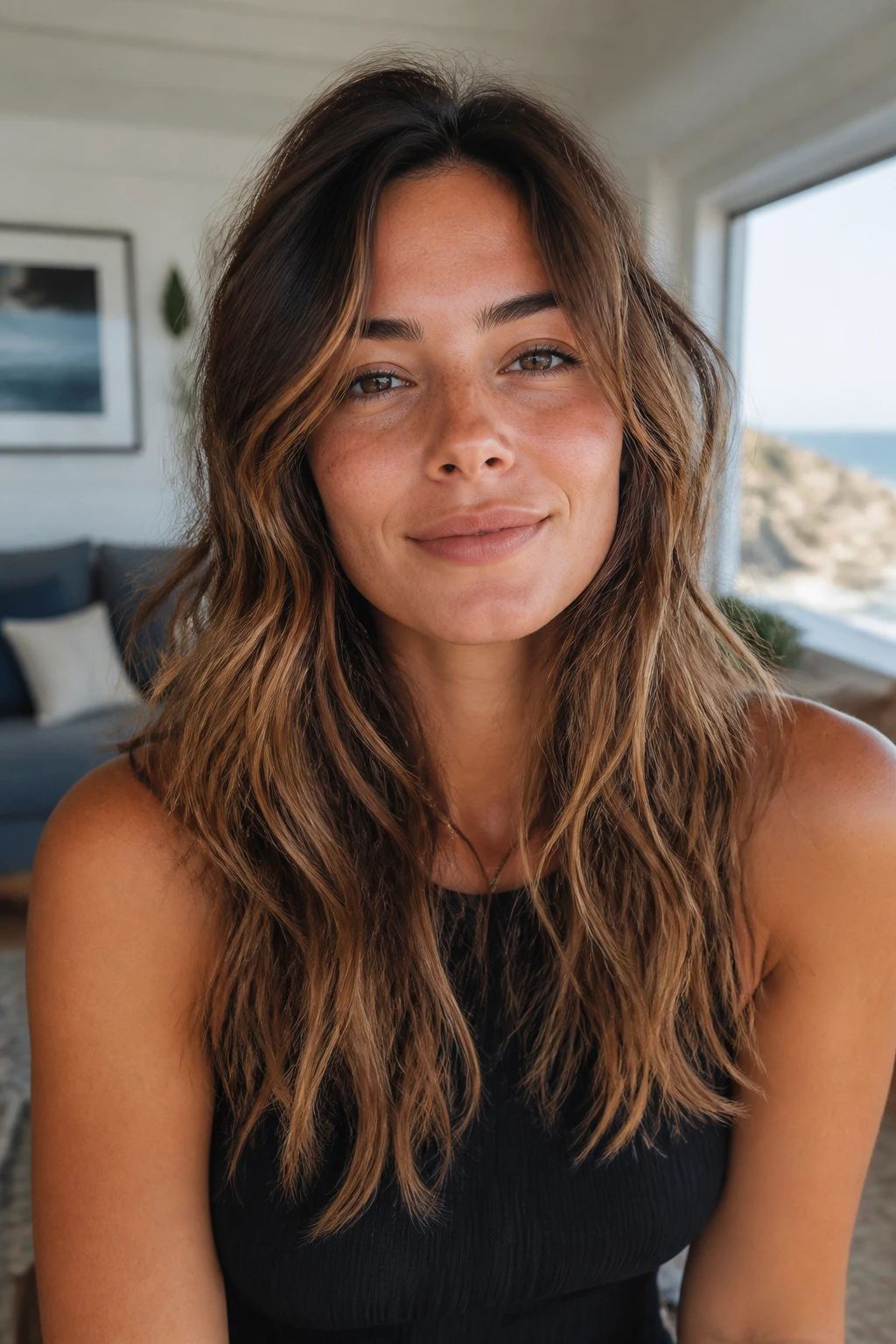 Close-up portrait of a real woman with piecey ends on long wavy hair
