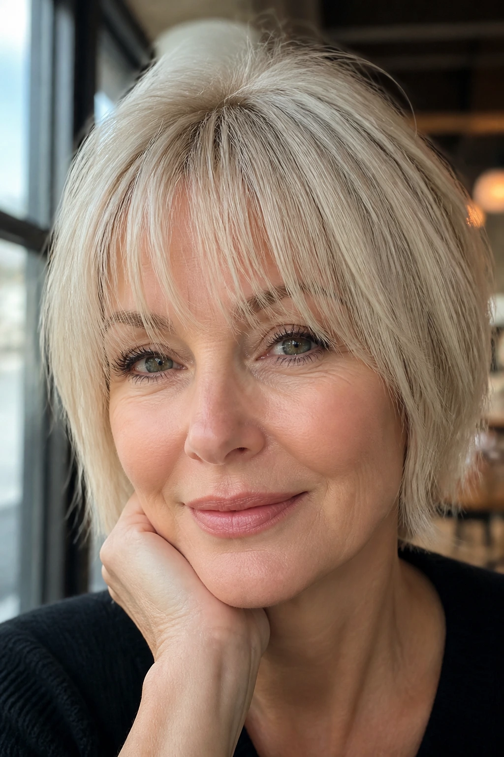 Close-up portrait of a real woman with piecey eyelash bangs skimming the lash line