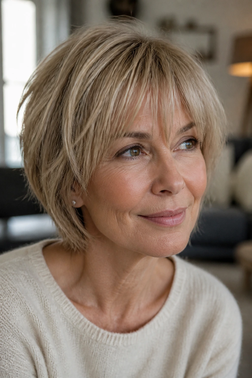 Close-up of a real woman with piecey feathered bangs for fine hair in soft indoor light