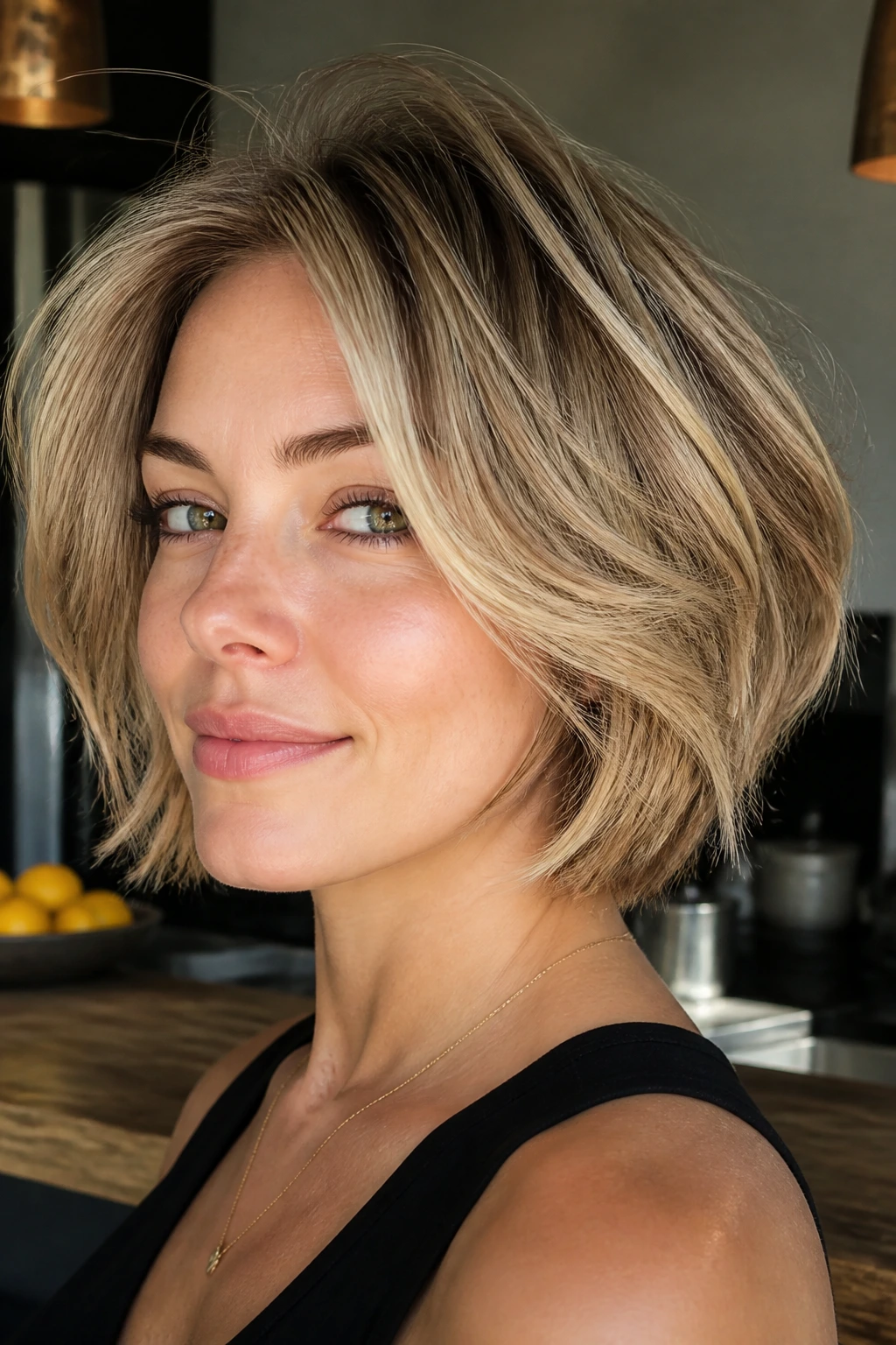 Close-up of a woman with a piecey feathered bob showing separated layers