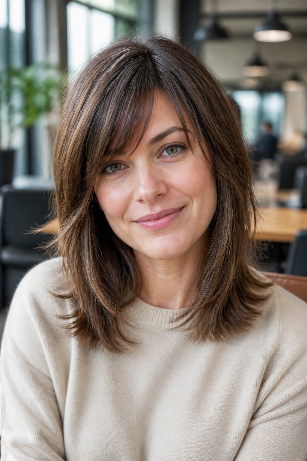 Close-up portrait of a real person with piecey medium-length feathering and side bangs