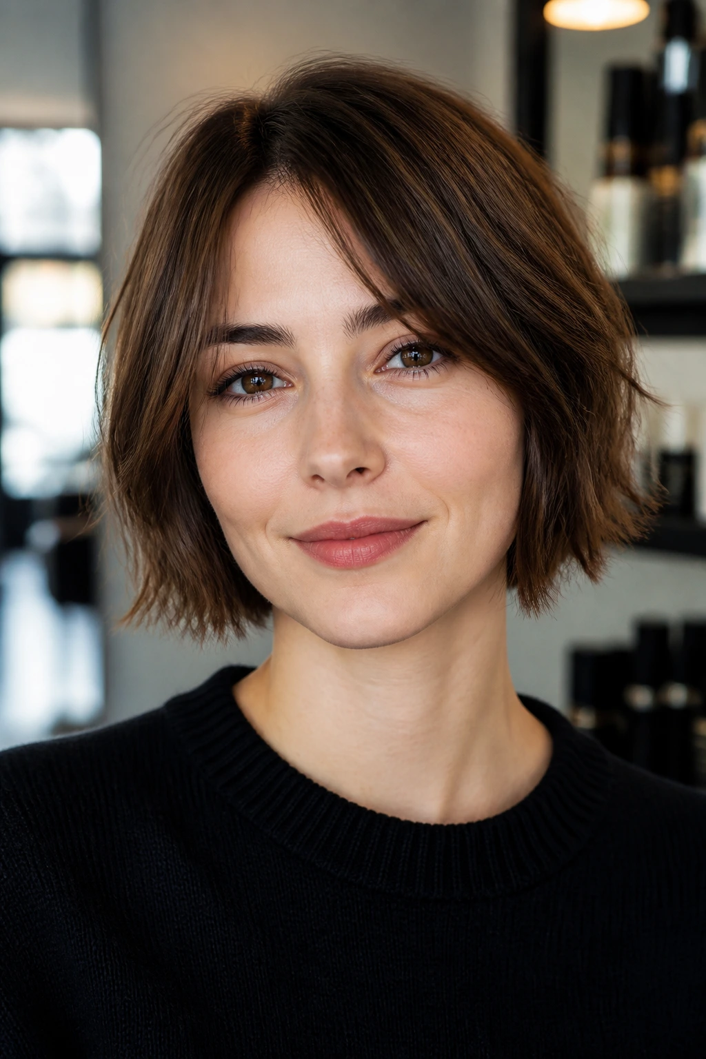 Close-up of a real woman with a jaw-length Piecey French Bob and soft choppy ends in natural light.