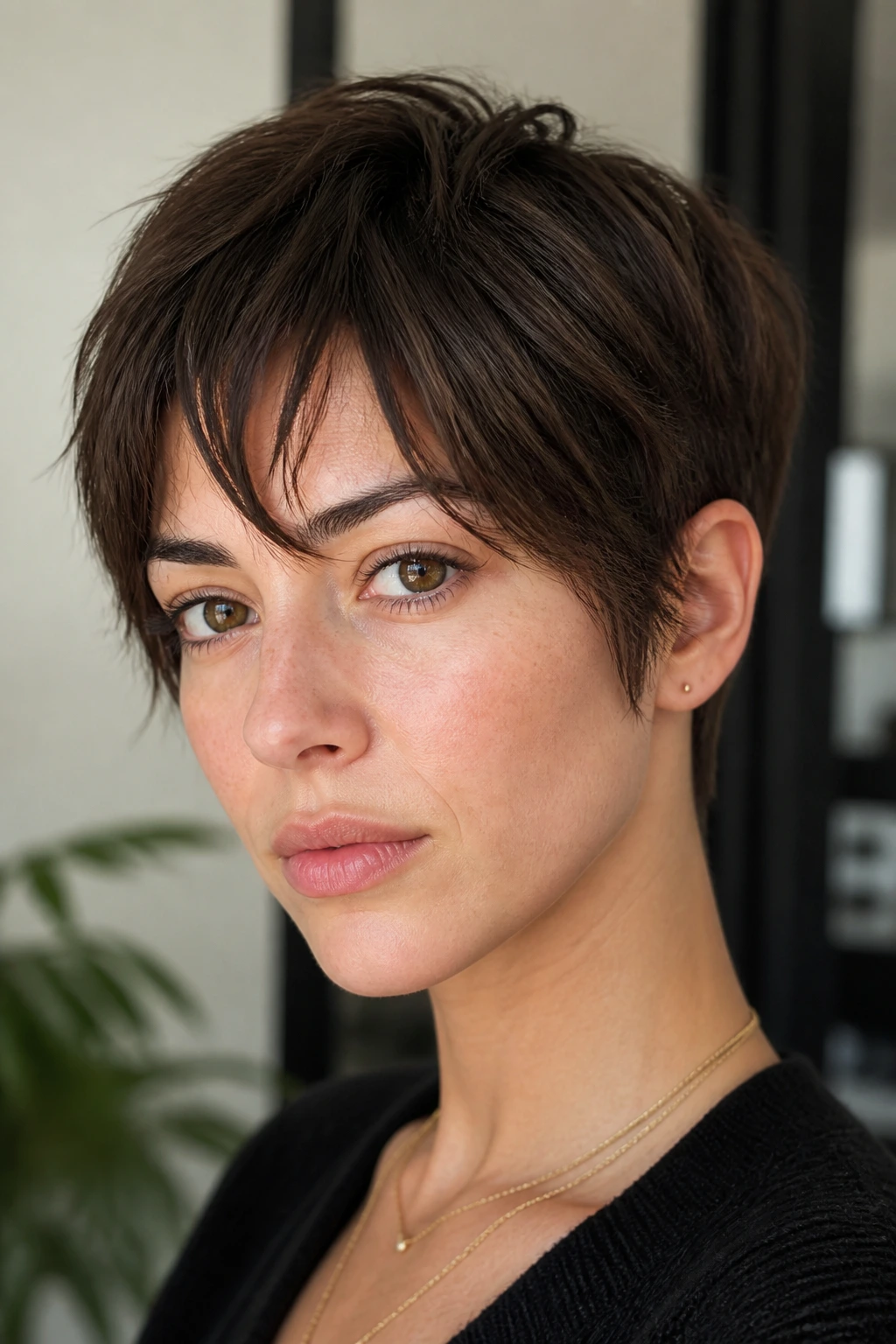 Close-up portrait of a real woman with a piecey French crop fringe