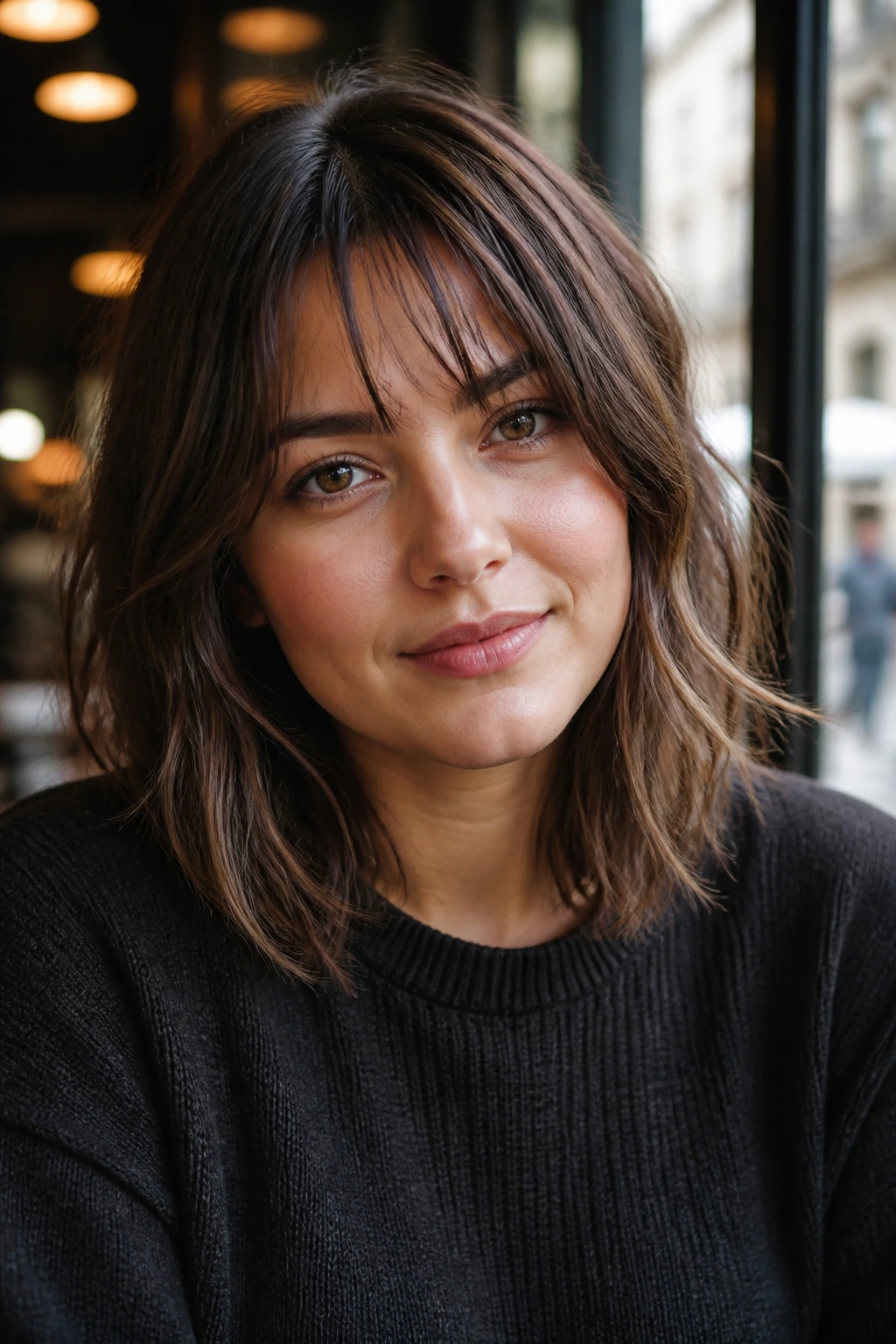 Close-up portrait of a real woman with piecey, textured fringe in natural daylight.