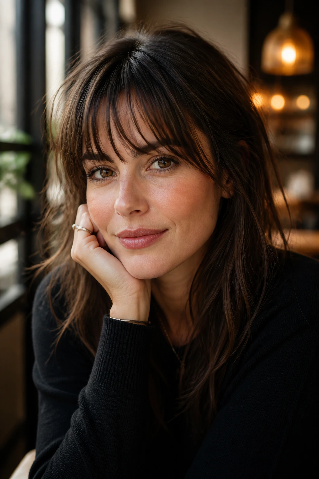 Close-up of a woman with piecey french-girl bangs in a cafe-like setting