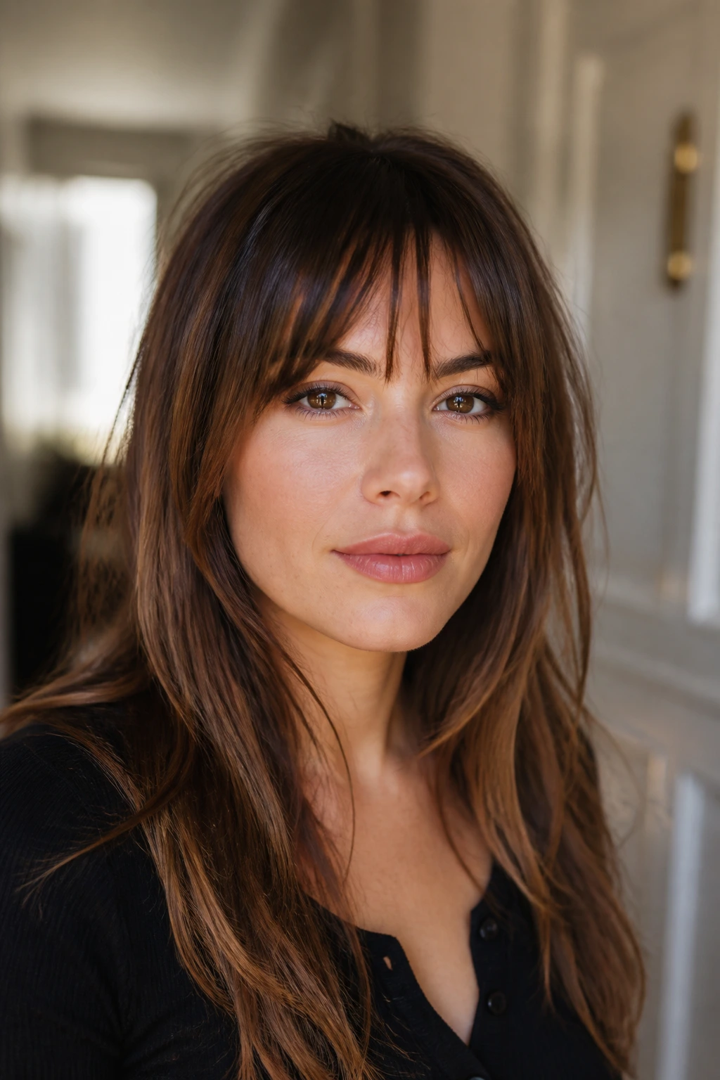 Close-up of a real woman with piecey fringe showing textured separation