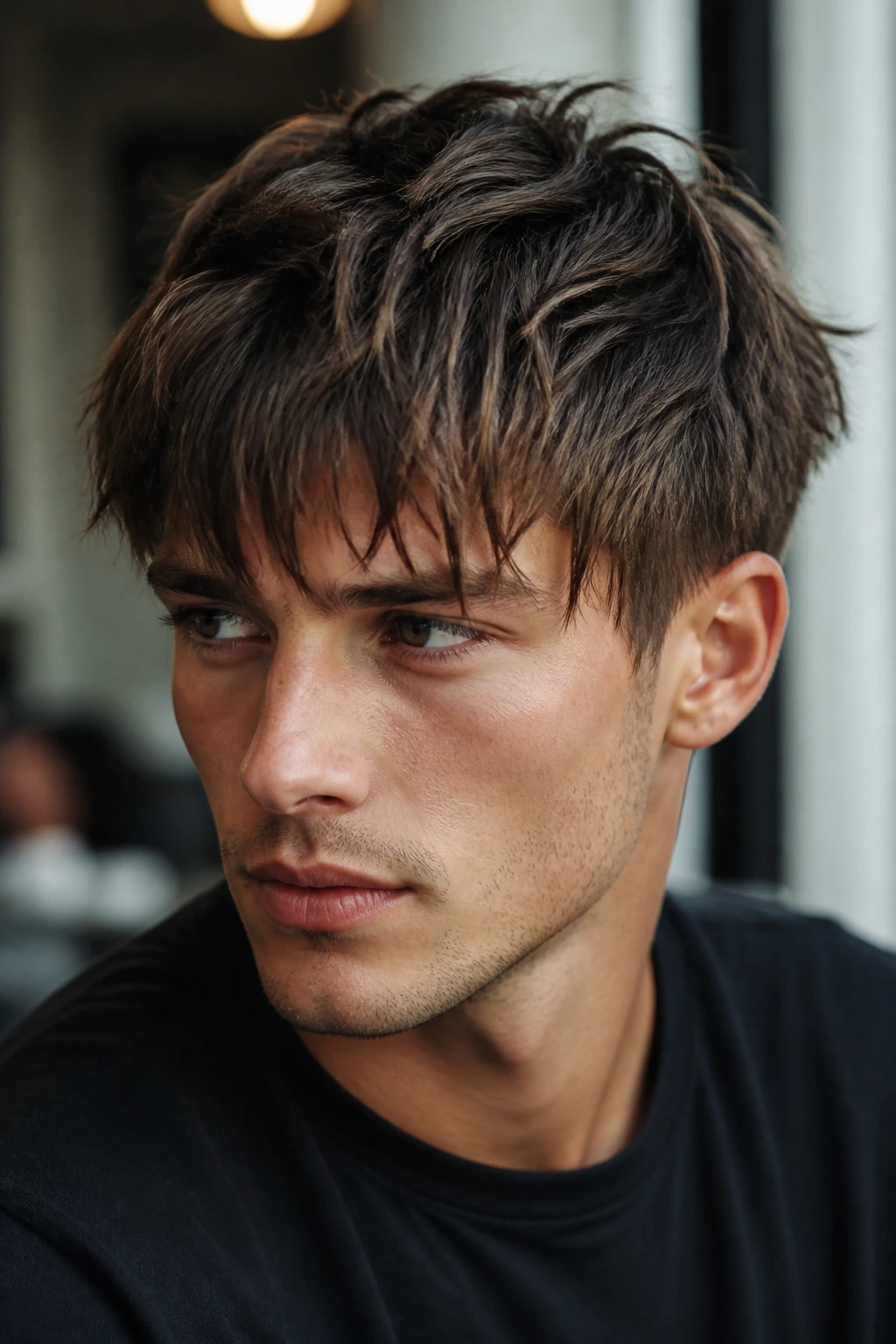 Man with piecey fringe and choppy ends close-up