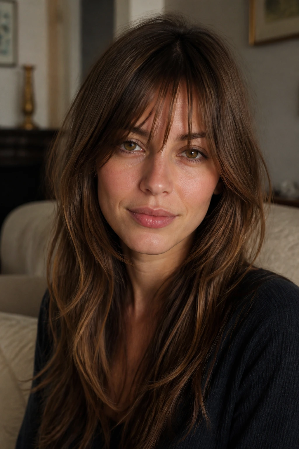 Piecey fringe with long layers close-up portrait in cozy living room