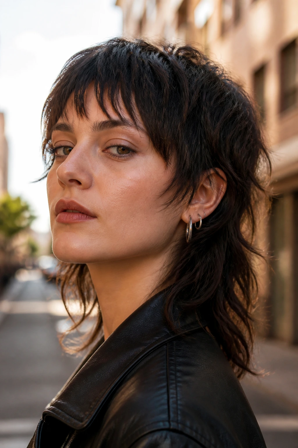 Close-up of a real person with a piecey fringe mullet and separated fringe