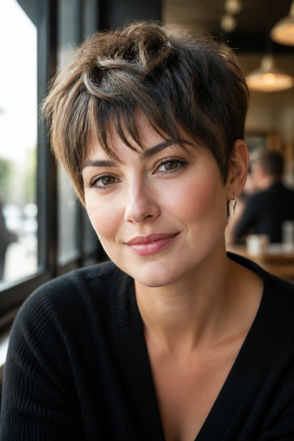 Medium close-up of a real woman with a piecey fringe pixie under daylight