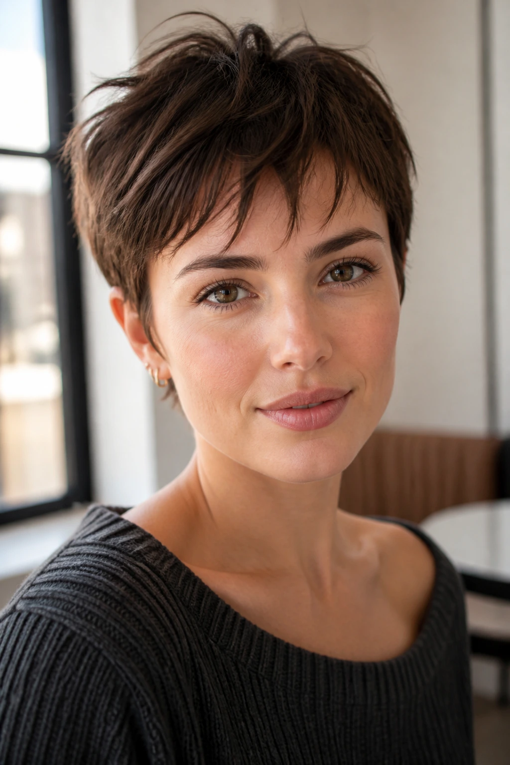 Close-up of a real woman with piecey fringe pixie hairstyle