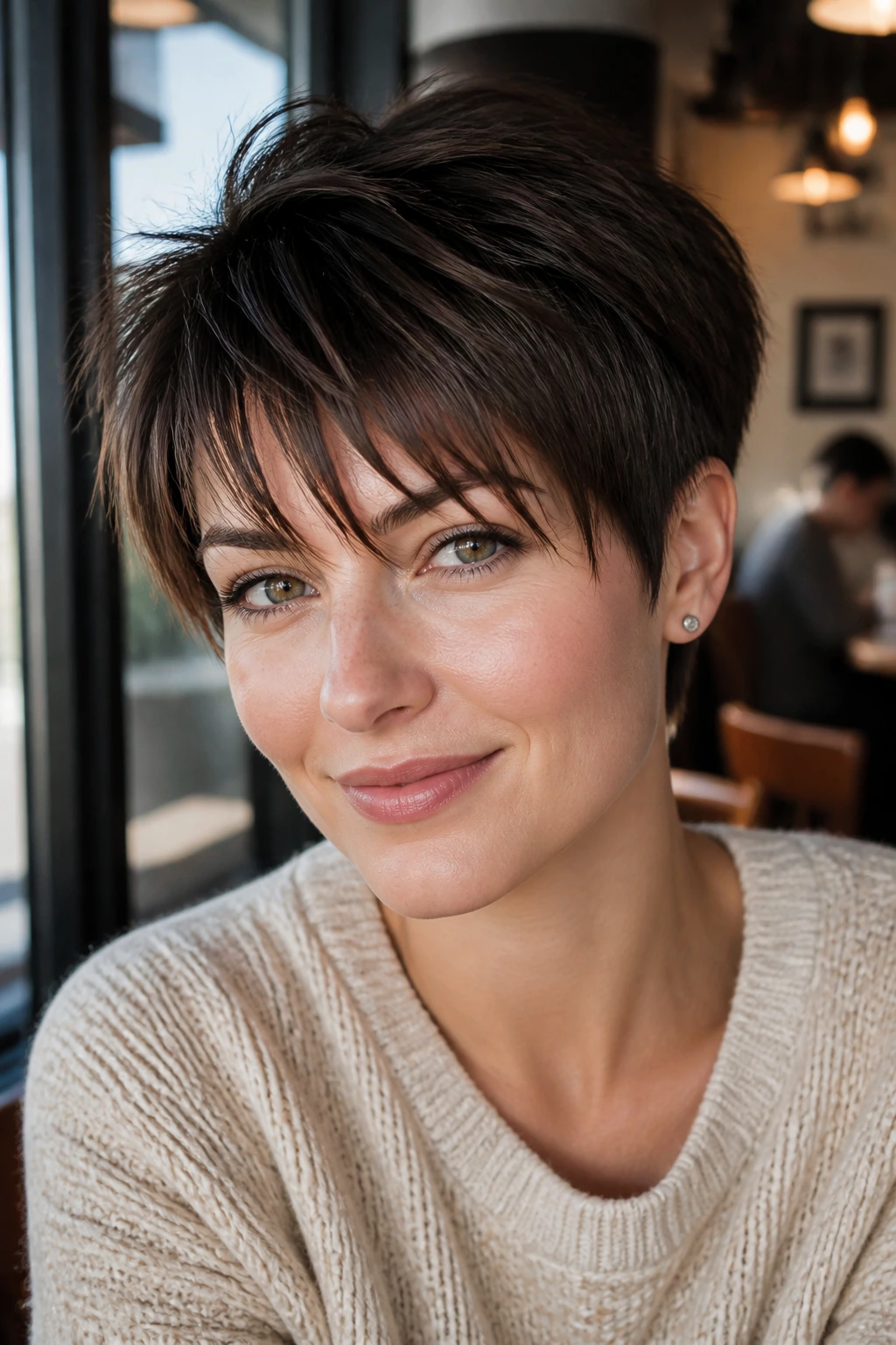 Close-up portrait of a real woman with textured piecey fringe pixie