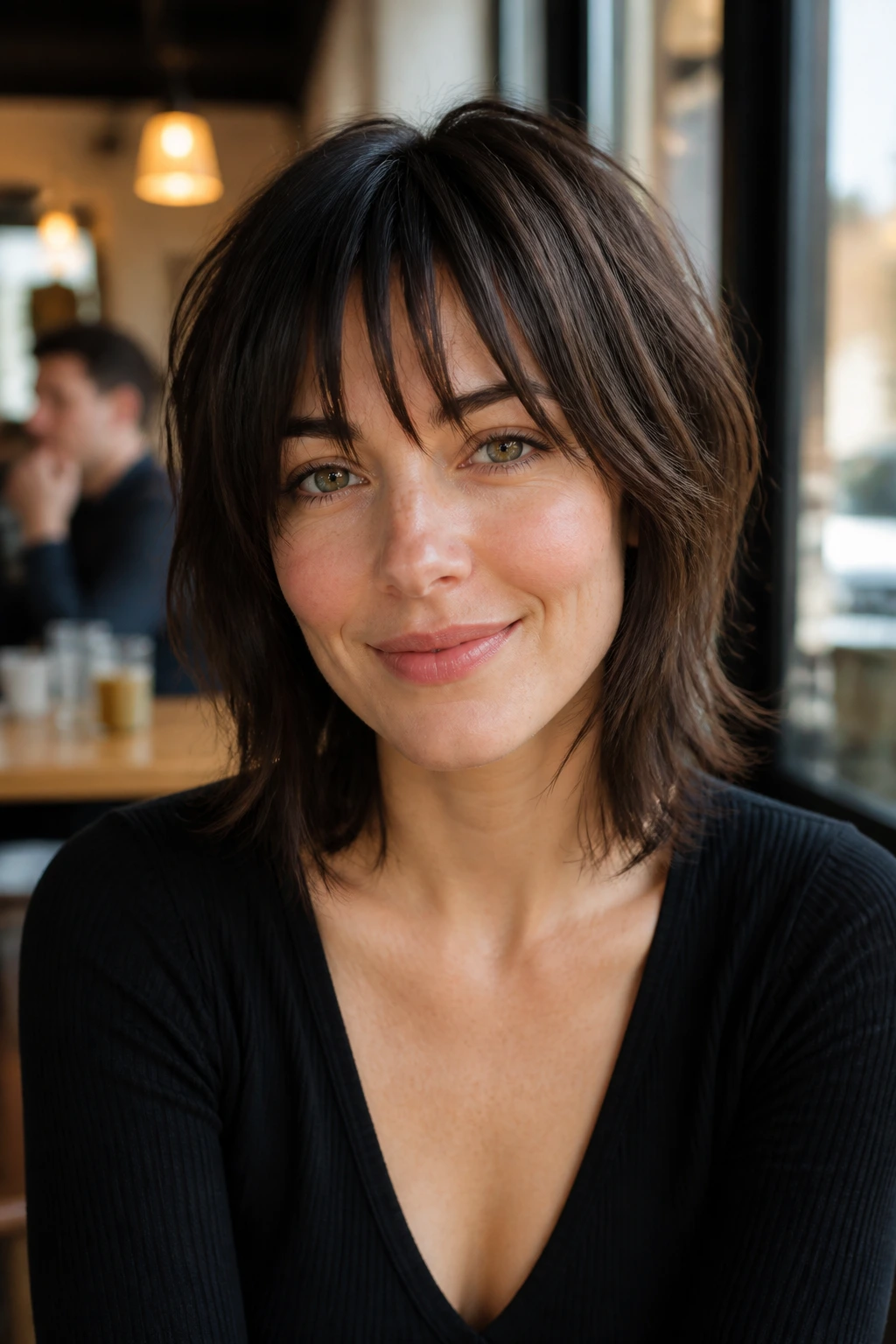 Close-up portrait of a real woman with a piecey fringe creating texture around the face.