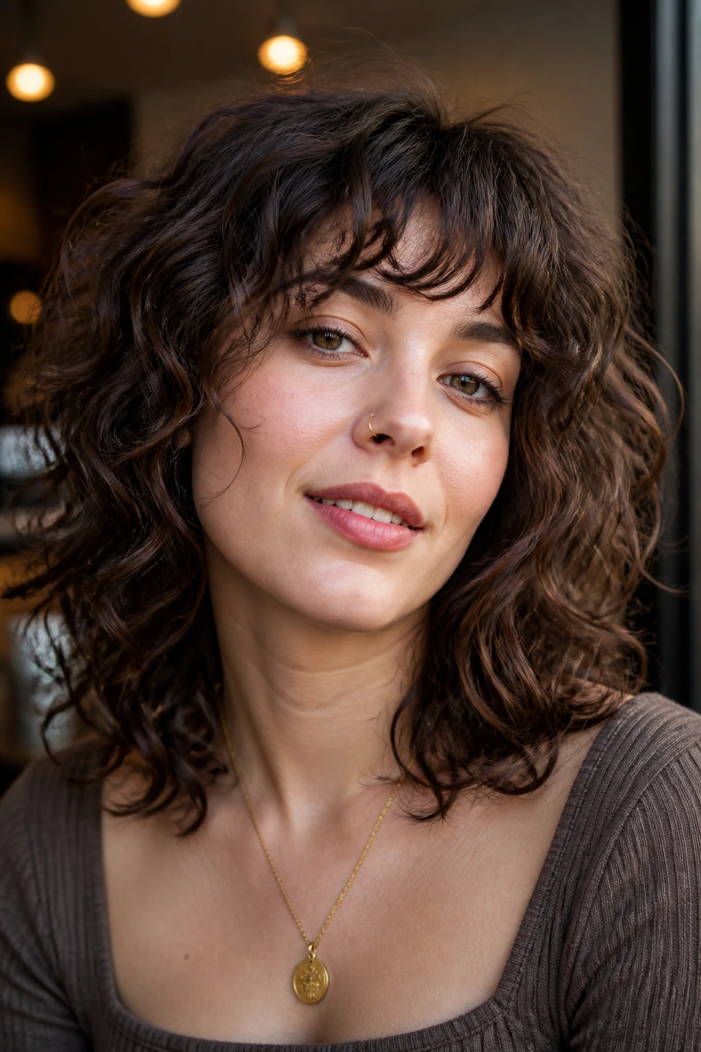 Close-up portrait of a real person with piecey fringe shag showing separate fringe pieces