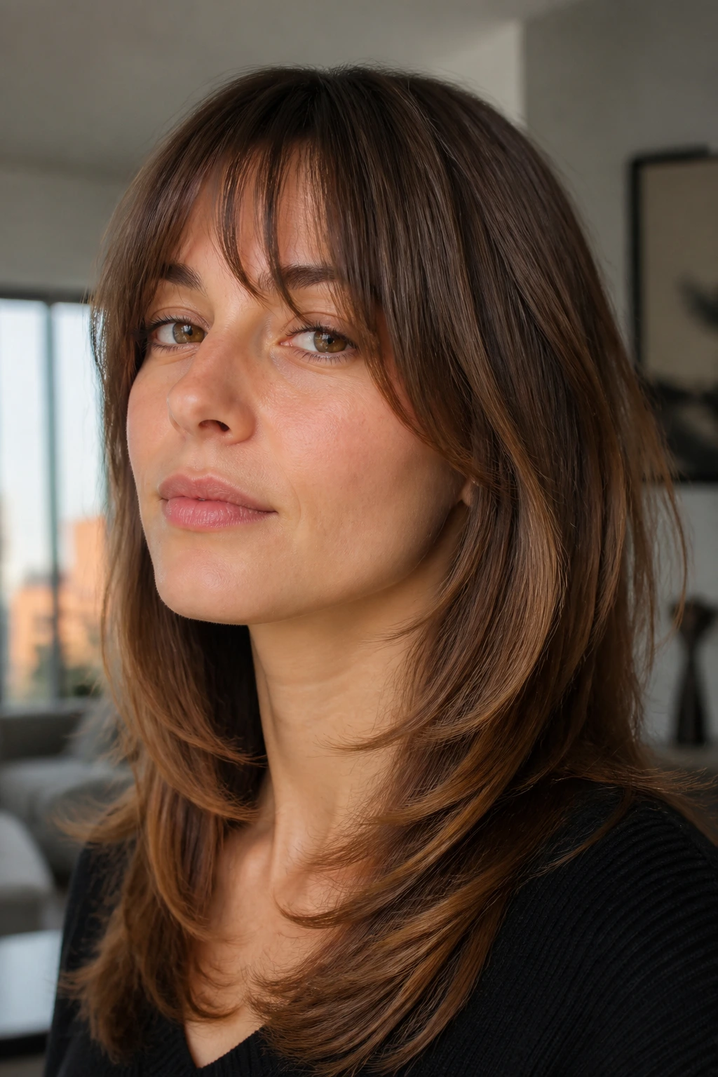 Close-up of a real person with piecey fringe and U-shaped layers in natural daylight.