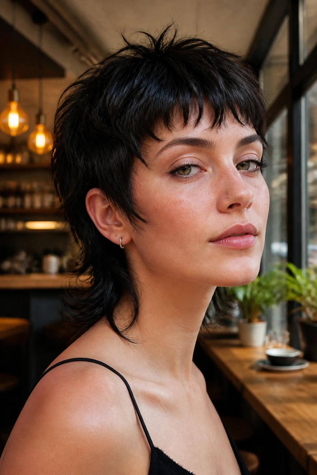 Close-up portrait of a real person with piecey gamine mullet
