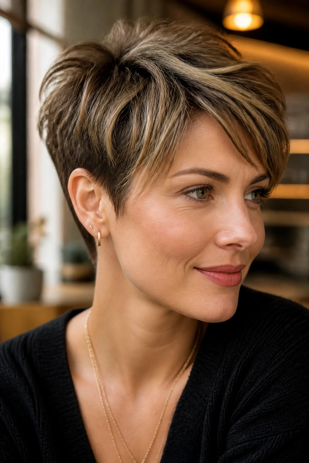 Close-up portrait of a real woman with a Piecey Highlighted Pixie