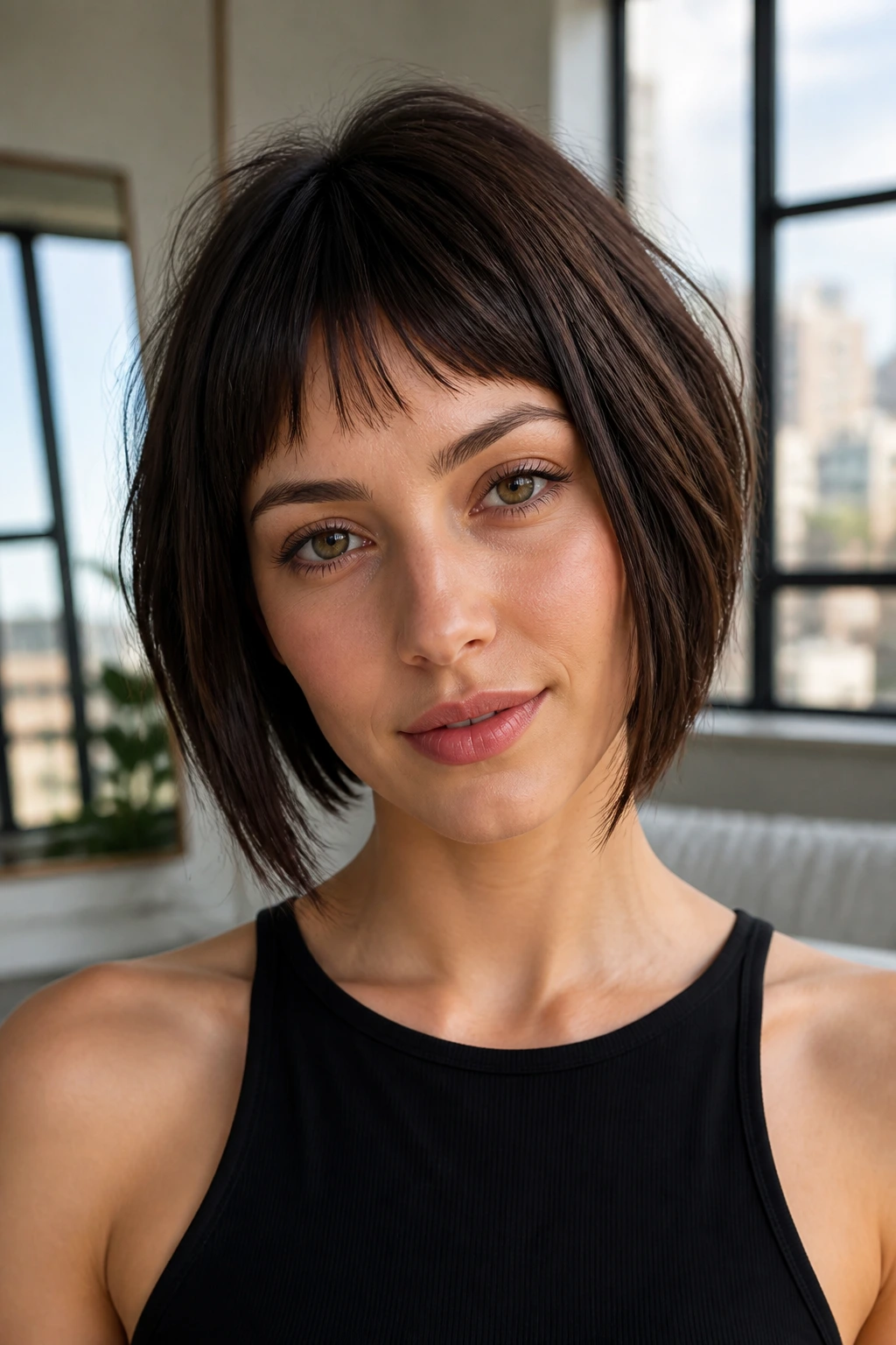 Close-up portrait of a real woman with inverted bob and micro-bangs in a bright apartment.