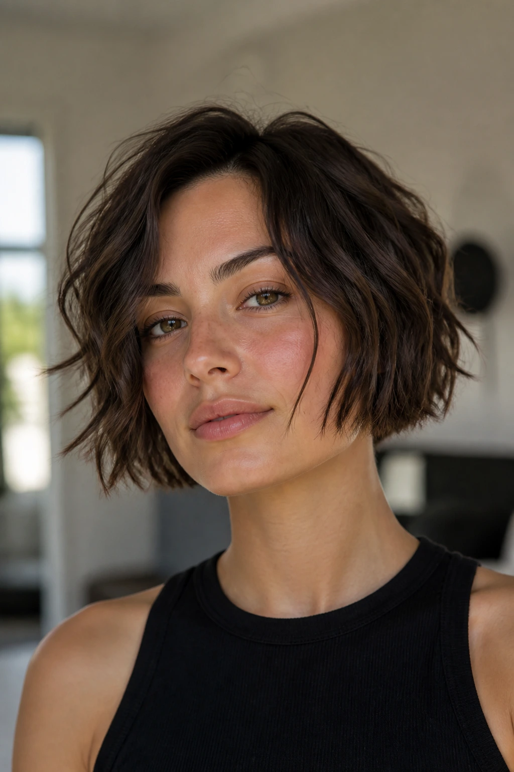 Close-up of real woman with piecey jaw-length haircut showing defined texture