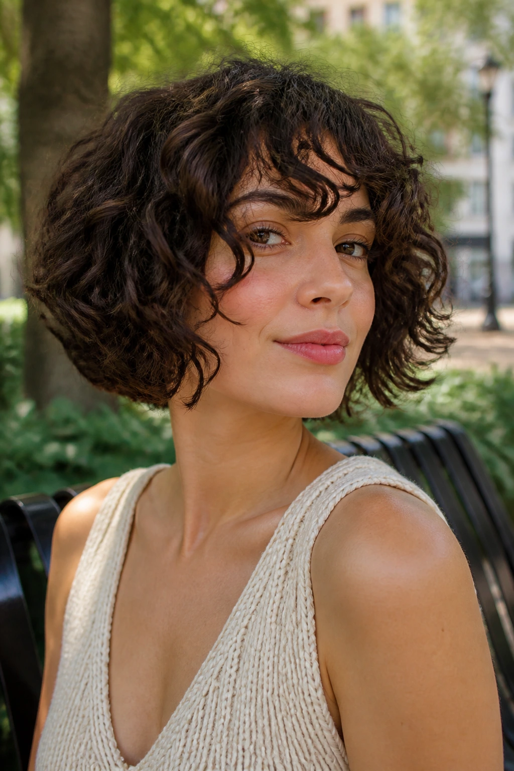 Close-up of a real woman with a piecey layered bob showing distinct curl clumps