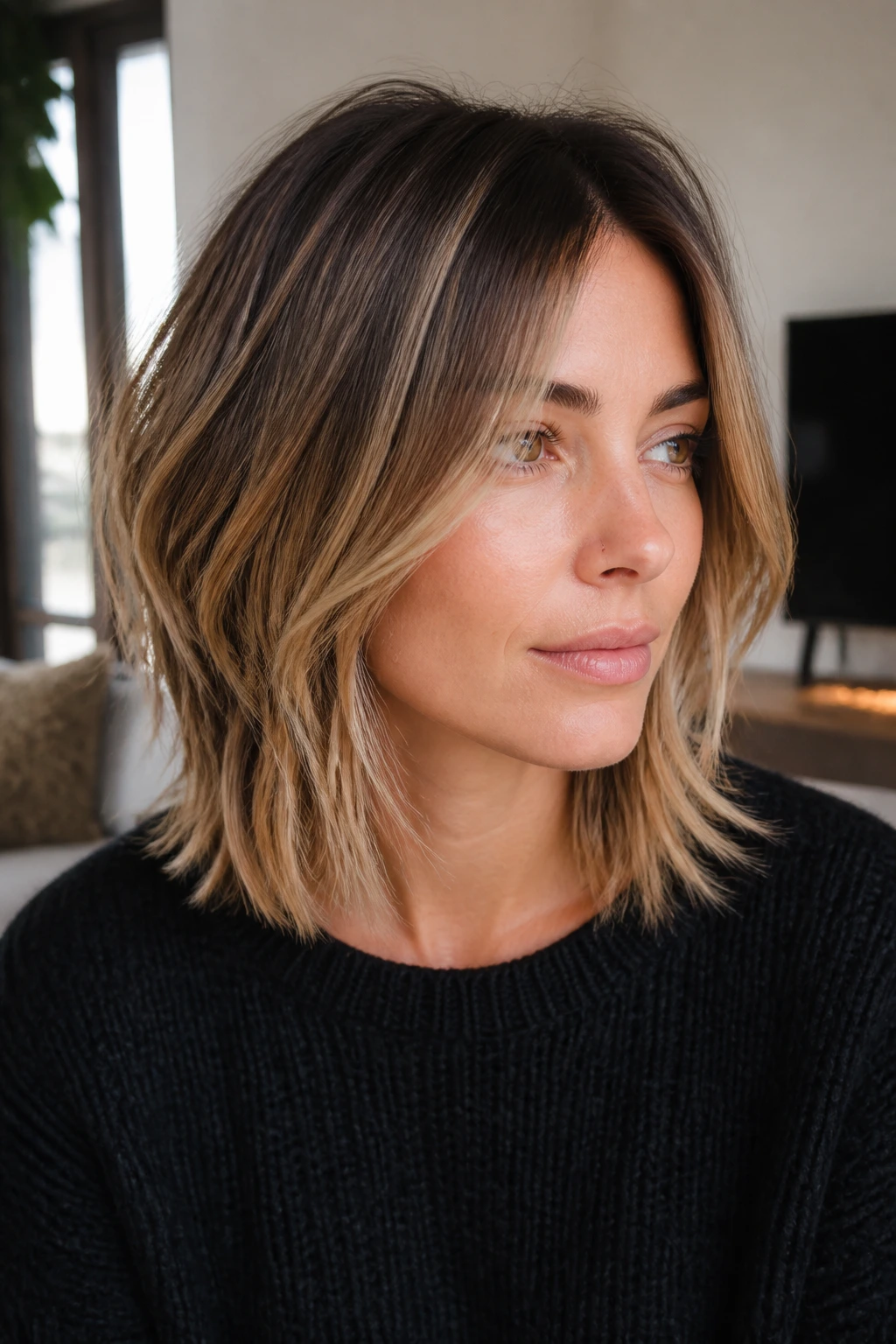 Close-up of a real woman with a textured shoulder-length lob and razor-cut ends