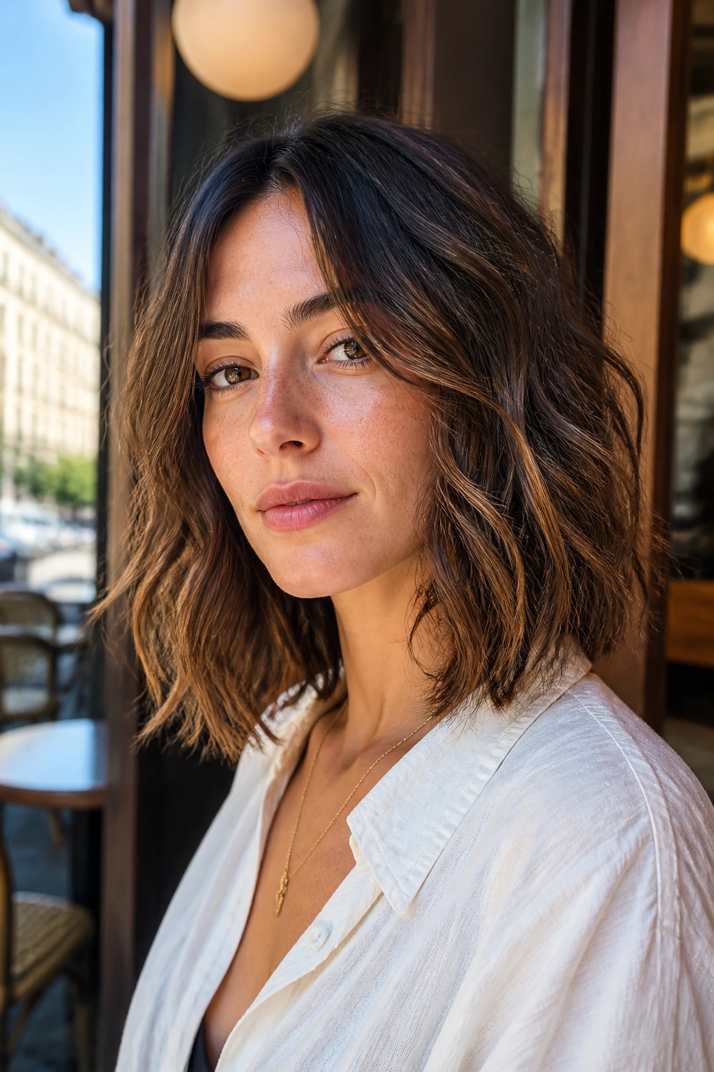 Close-up portrait of a real woman with a piecey layered lob showing defined wave clumps outdoors.