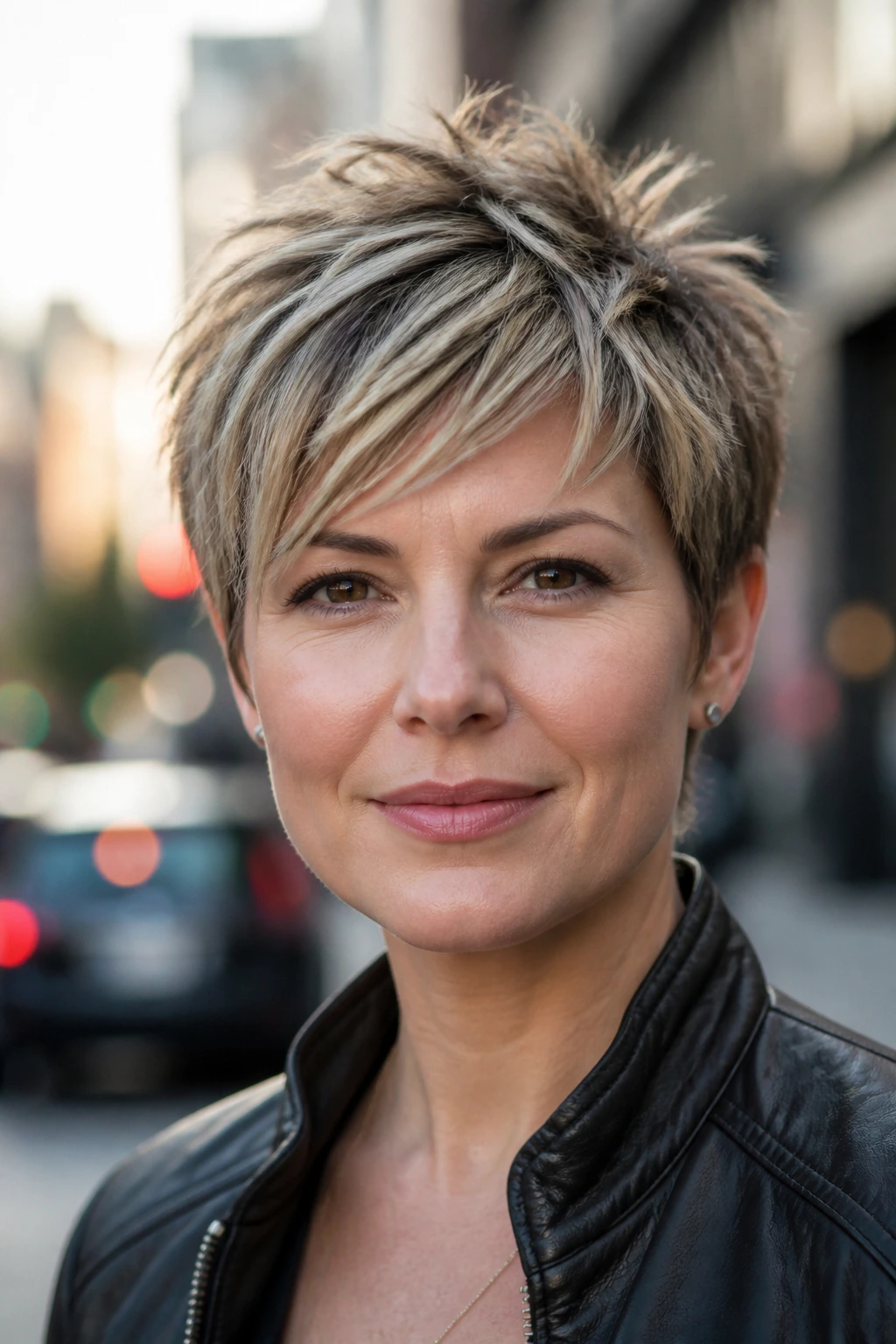 Close-up of a real woman's head with piecey layered pixie