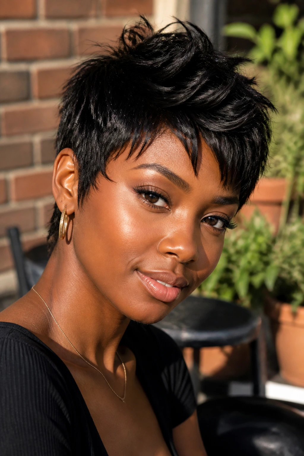 Close-up of a Black woman with piecey layered pixie haircut in outdoor cafe setting