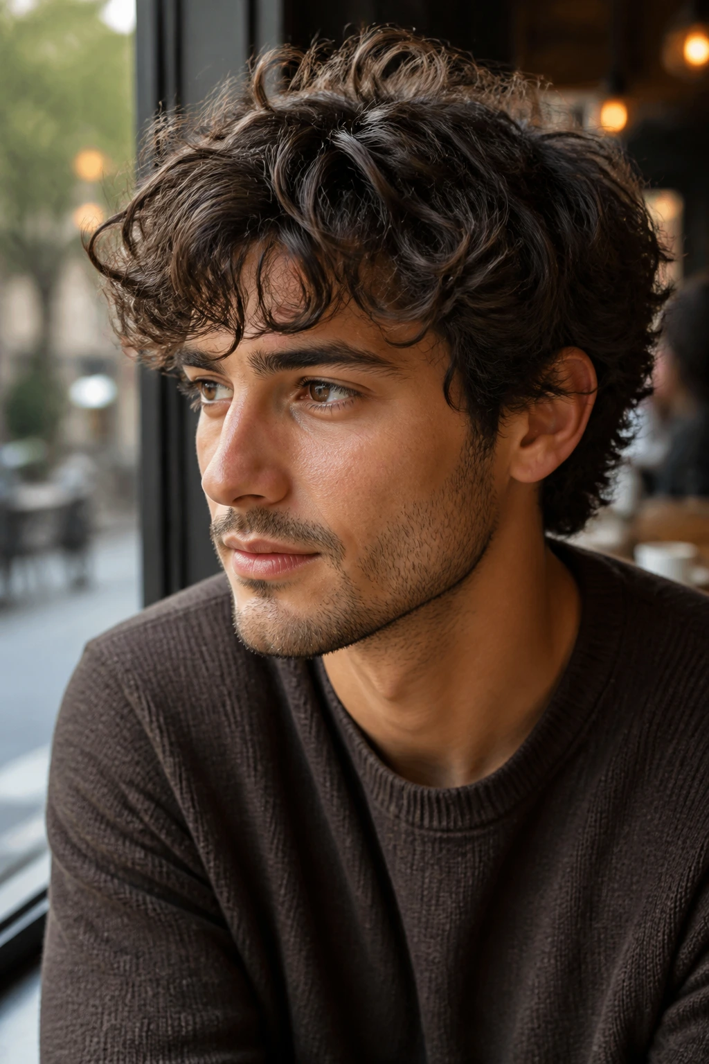 Man with piecey layered top curls in a cafe setting