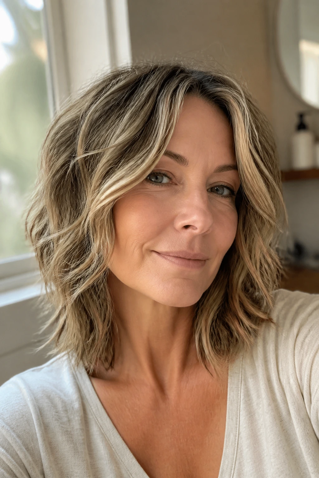 Close-up portrait of a real woman with piecey layers and air-dried texture.