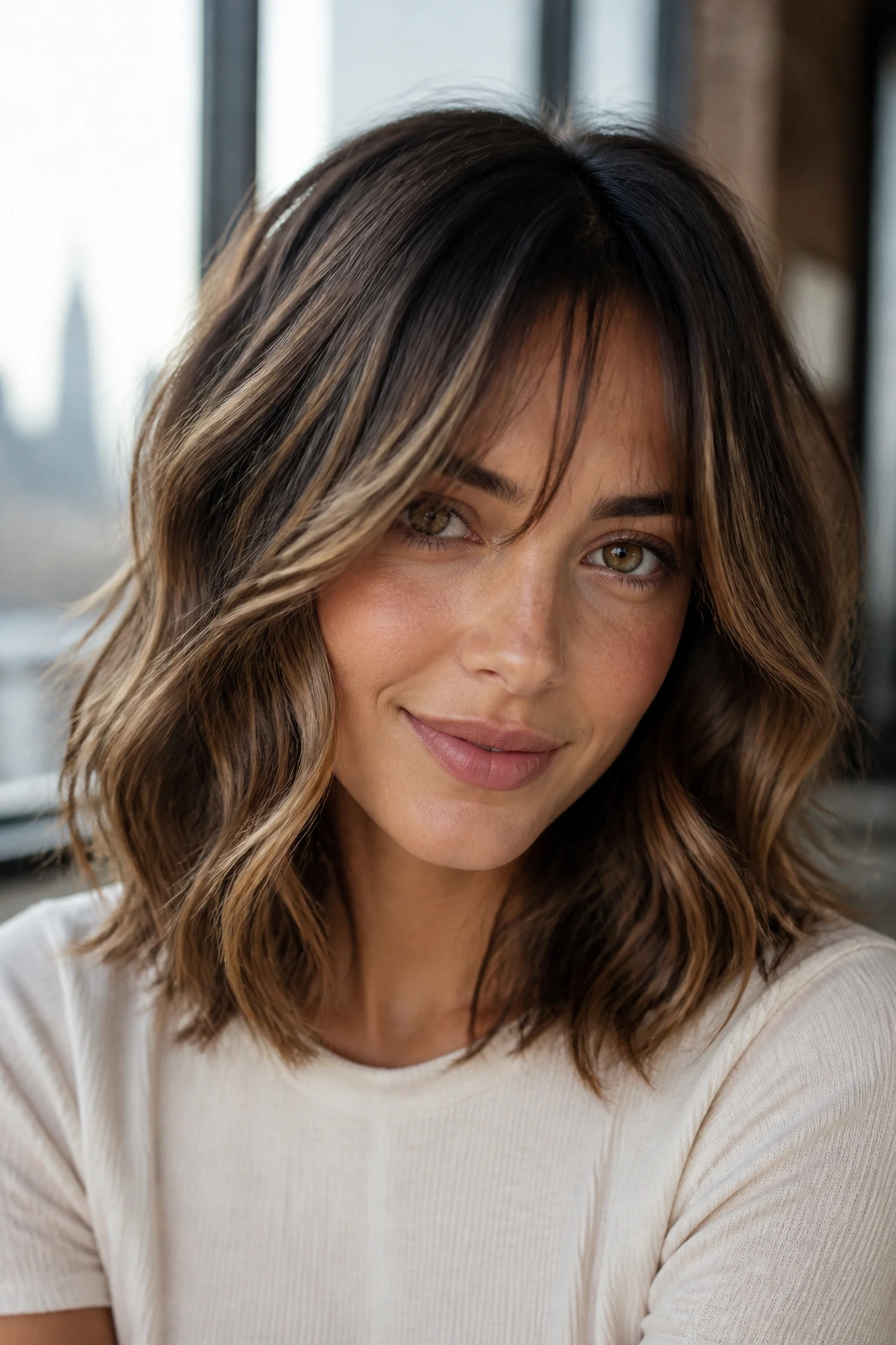 Close-up portrait of a real person with piecey layers and dimensional color in medium-length hair.