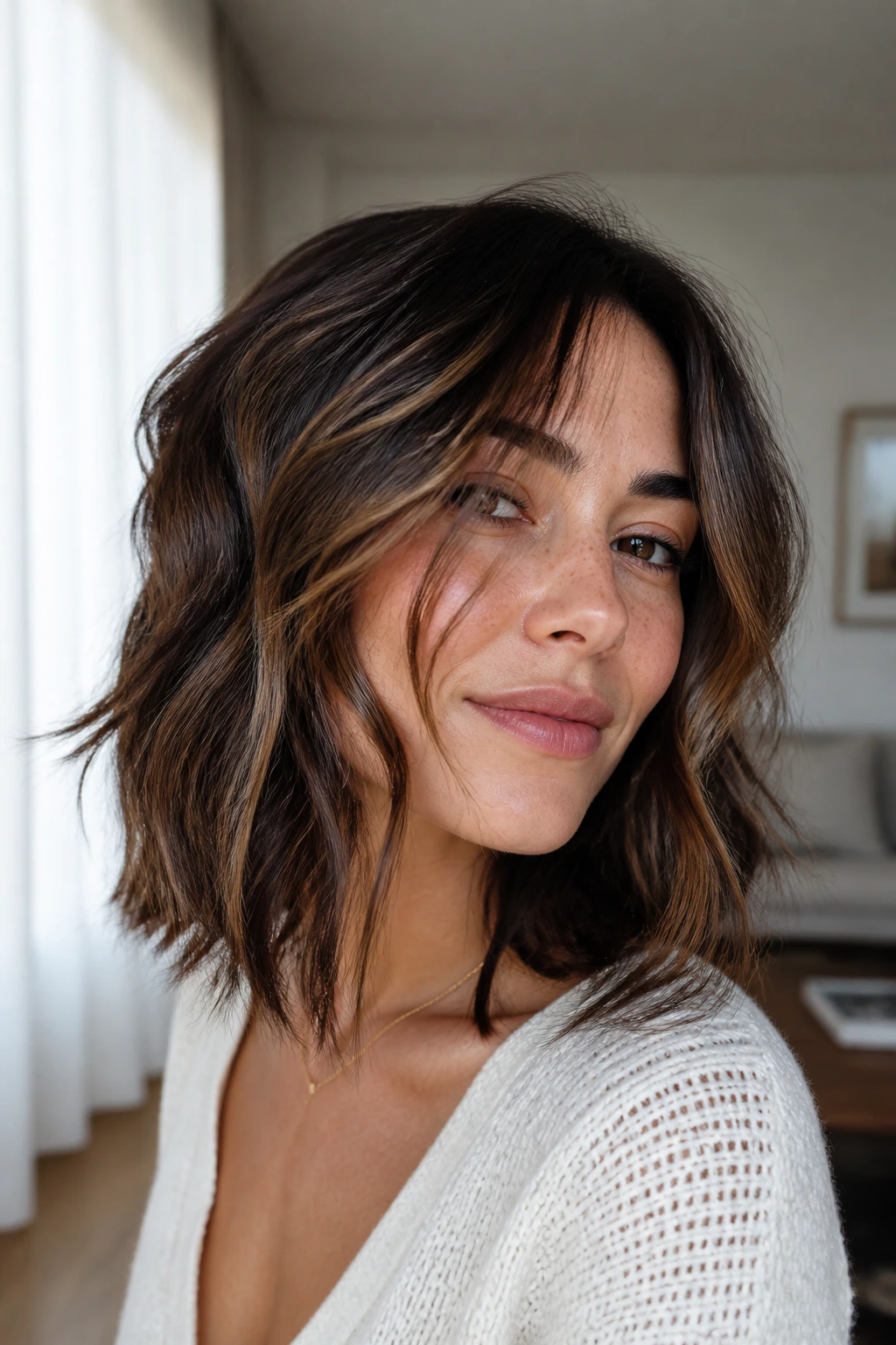 Close-up of a real woman with piecey layers framing the face and textured front strands.