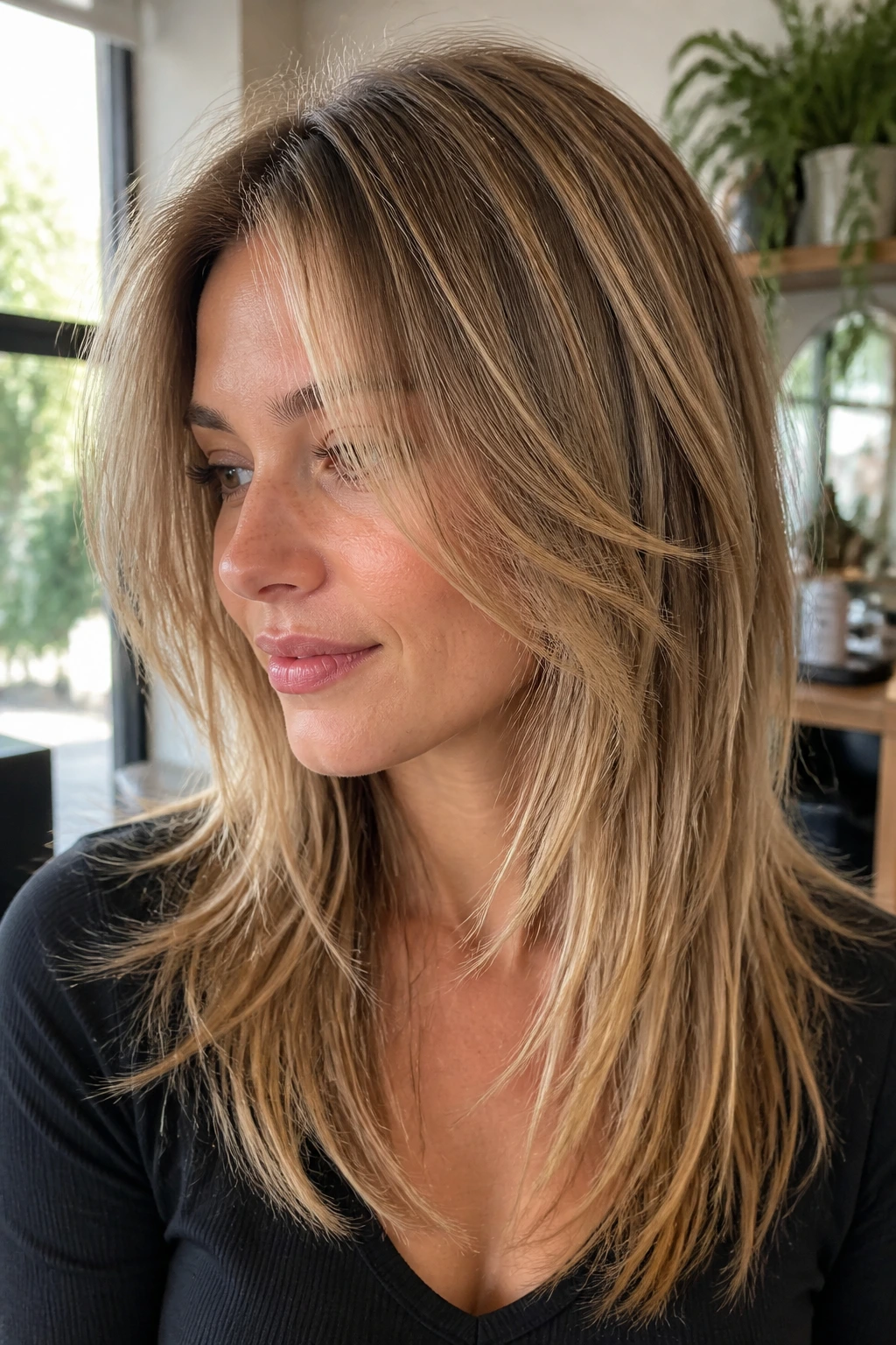 Close-up of real woman with piecey layers for fine hair, long separated pieces around face