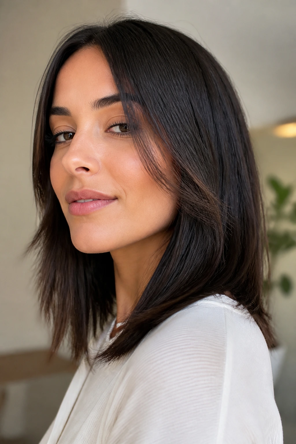 Real person with piecey layers on flat straight hair highlighting cheekbone movement