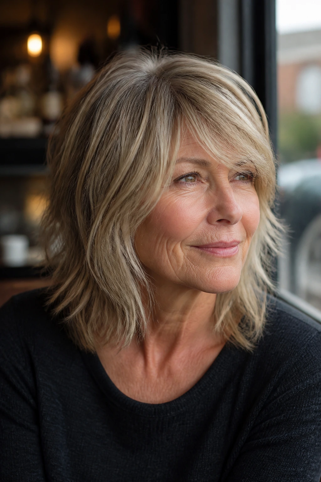 Close-up of a real woman with piecey layered hair and long bangs.