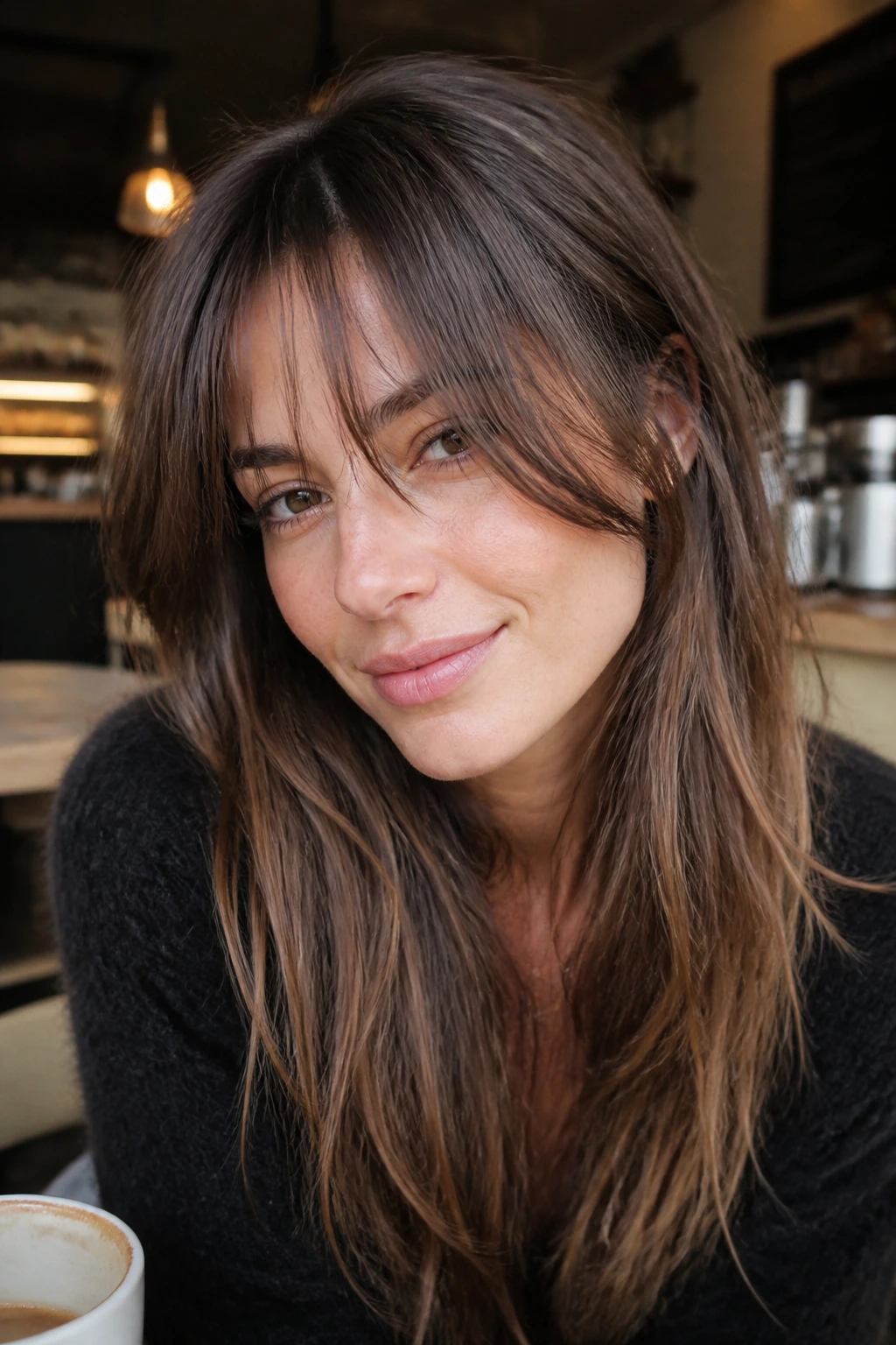 Close-up of a real woman with piecey lived-in bangs and a soft bend