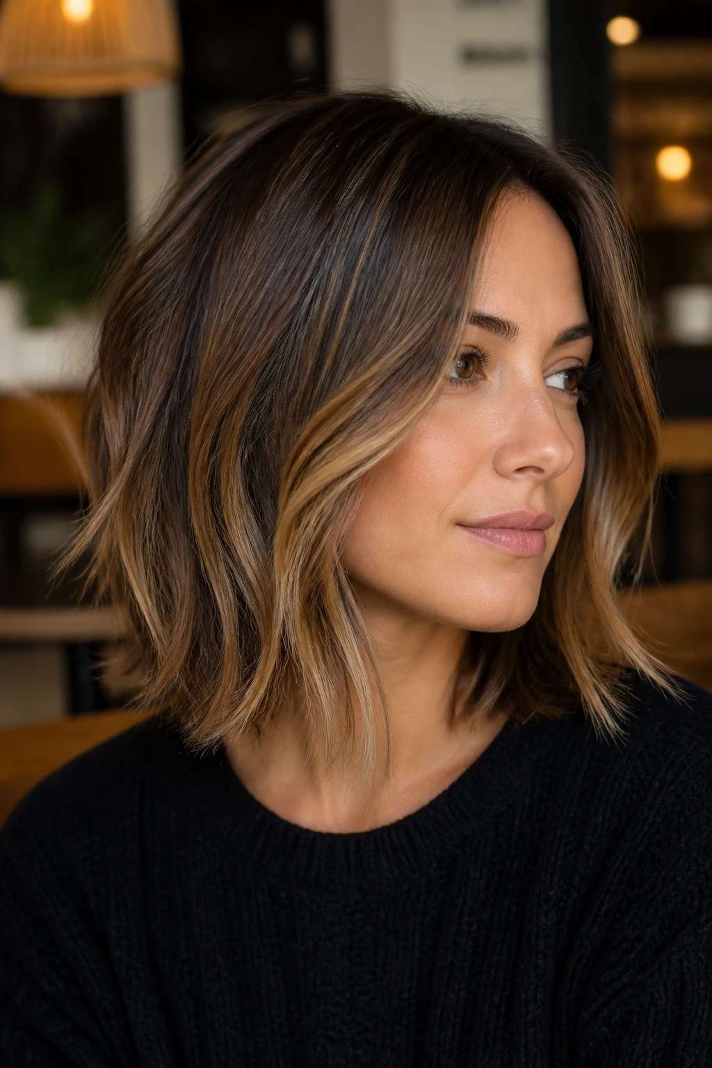 Close-up portrait of a real woman with piecey lob and hidden layers