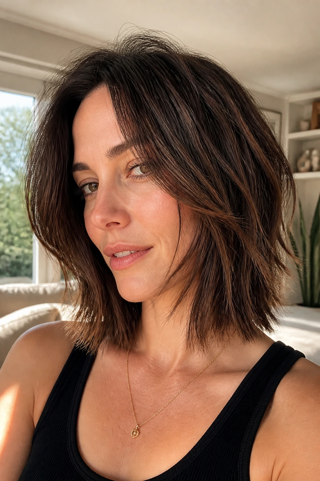 Close-up of a real person with a piecey lob and micro-layers in daylight