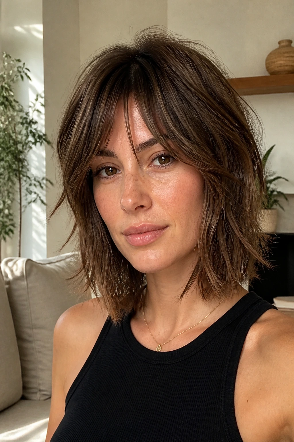 Mid-length portrait of a real woman with a piecey lob shag showing textured ends