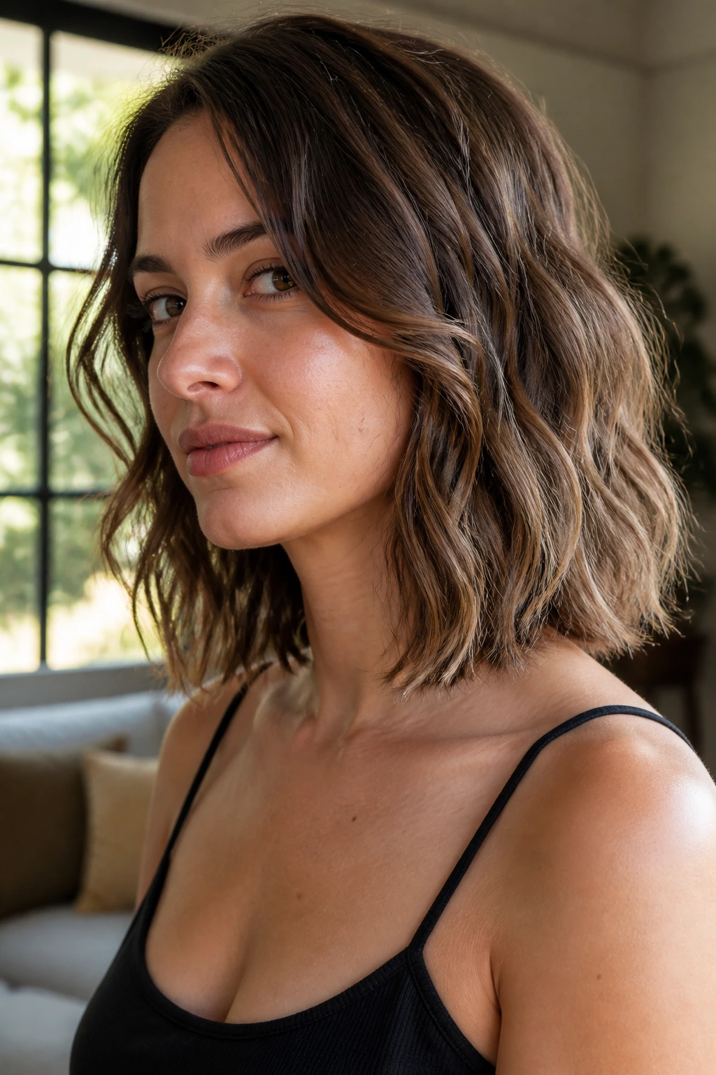 Close-up portrait of a real woman with The Piecey Lob showing piecey wave sections and shoulder-skimming length
