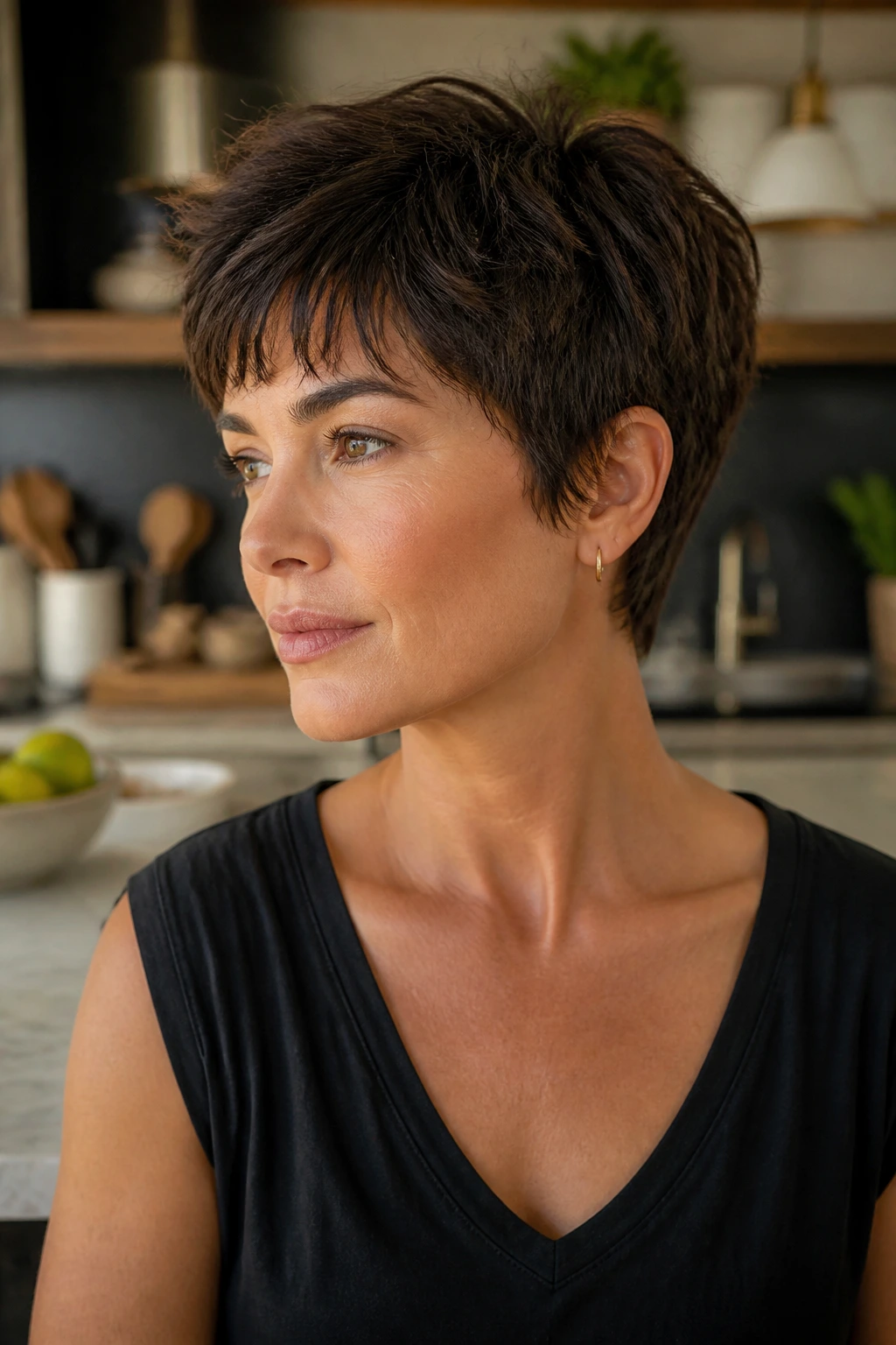 Real person with piecey matte pixie in modern kitchen