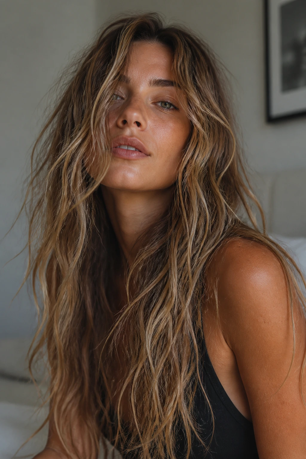Close-up of a real woman with matte, piecey waves and a dry finish