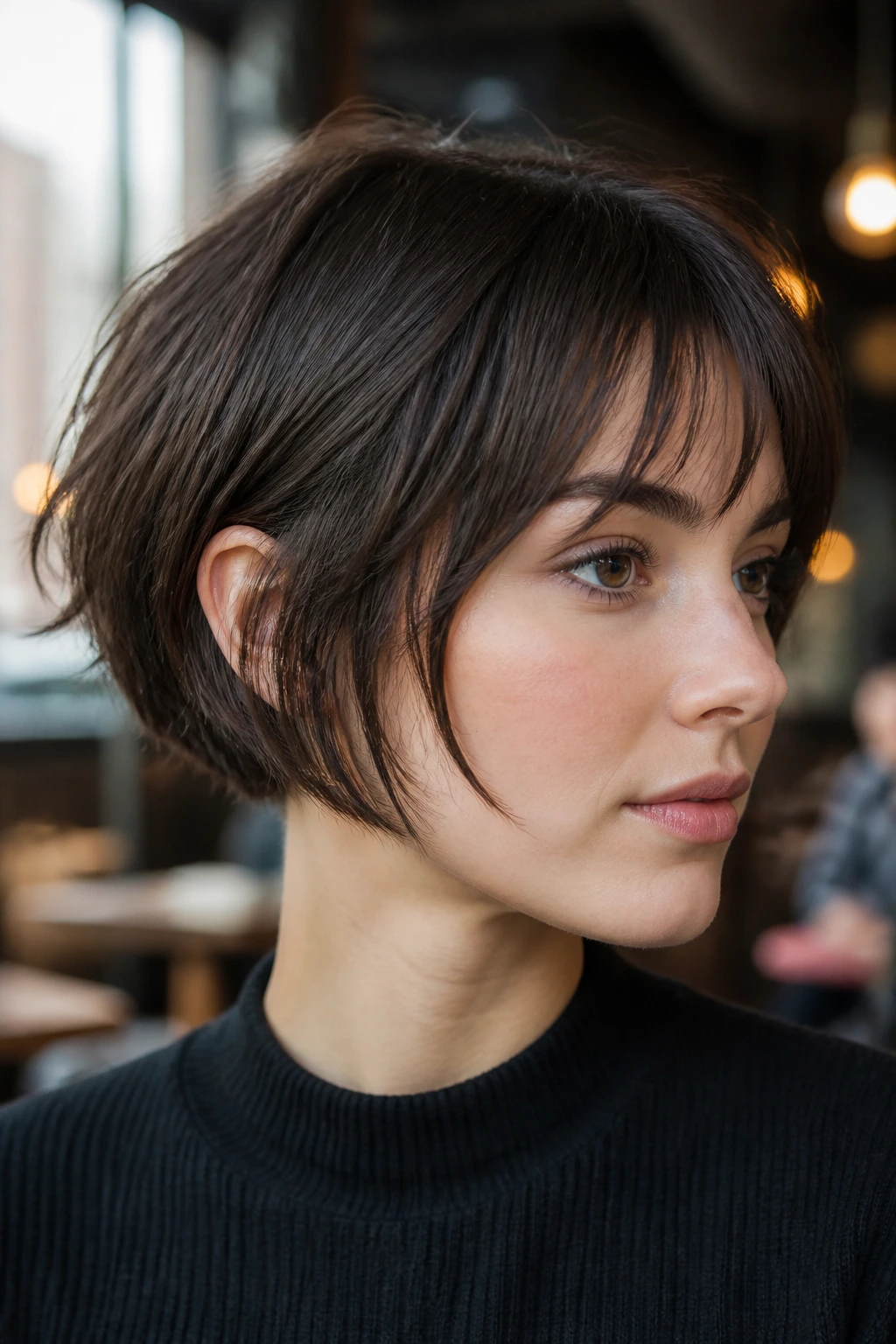 Portrait of a woman with a short piecey micro-bob featuring separated front pieces.