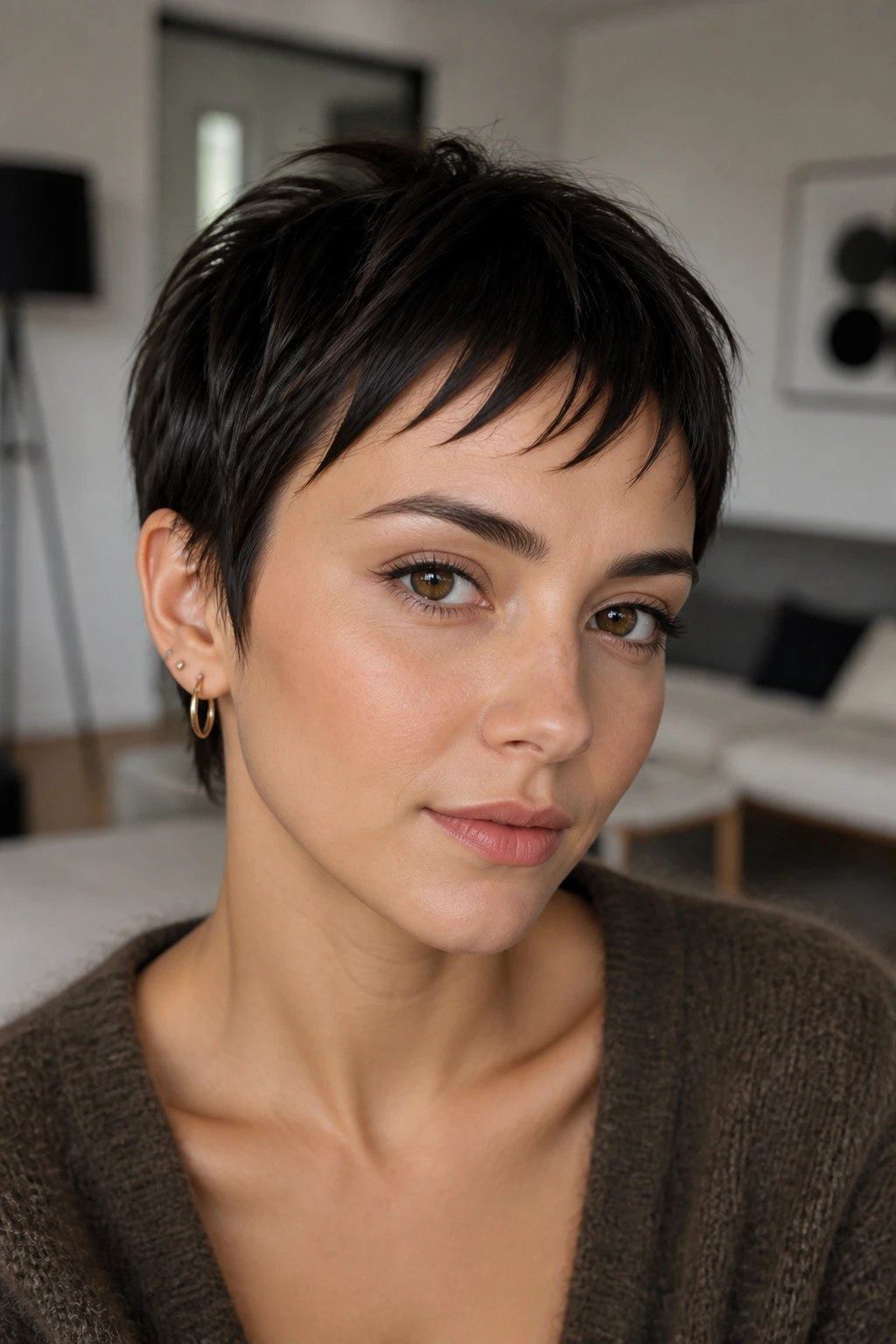 Close-up of a woman with short, piecey micro fringe in a modern living room.
