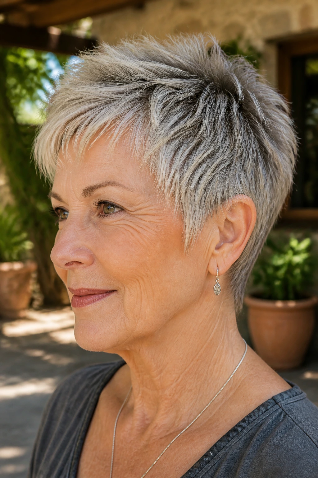Close-up portrait of a real woman with a piecey micro-layer pixie in sunlight