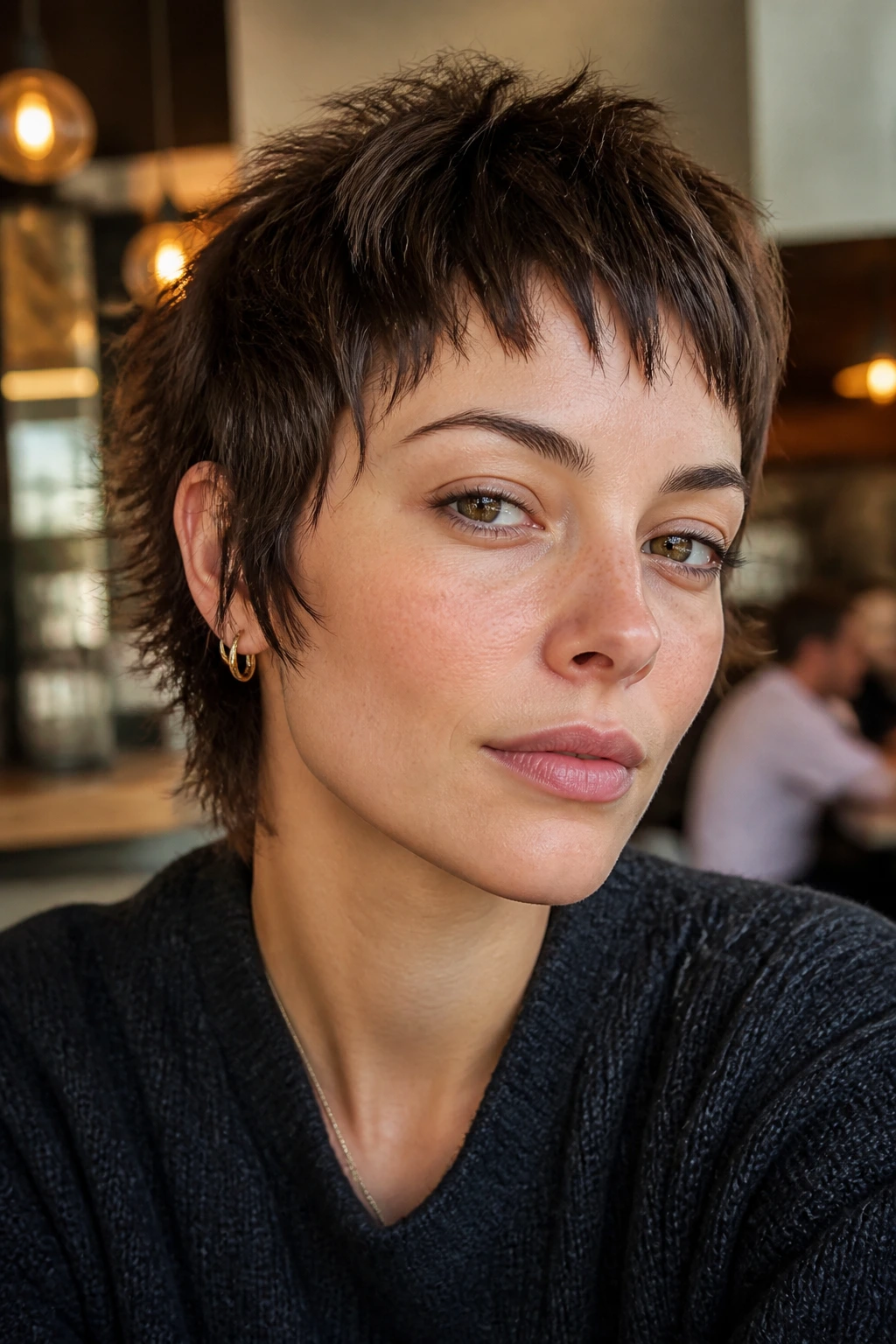 Close-up of a woman with piecey micro shag hairstyle in cafe setting