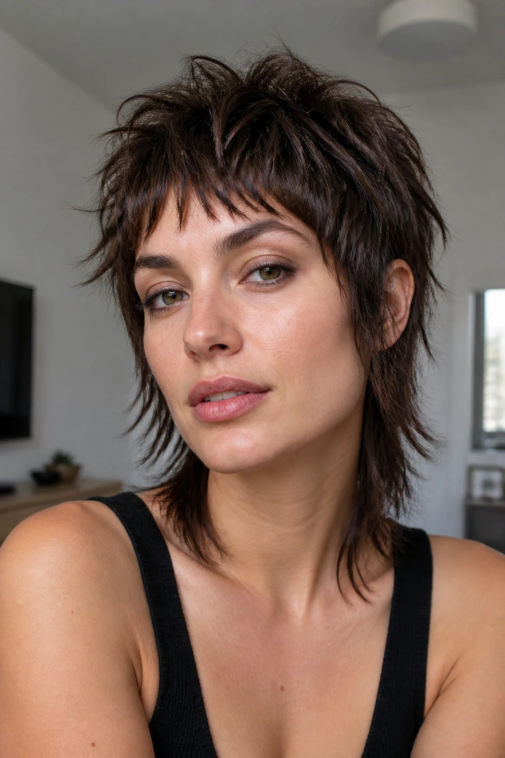 Portrait of a real woman with Piecey Micro-Shag featuring short, piecey fringe