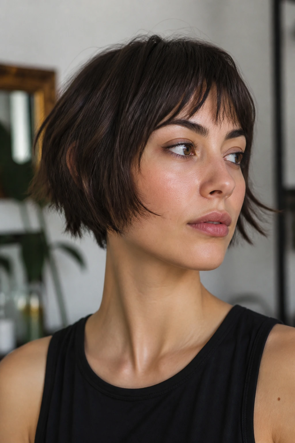Close-up of a real woman with piecey micro wolf bob