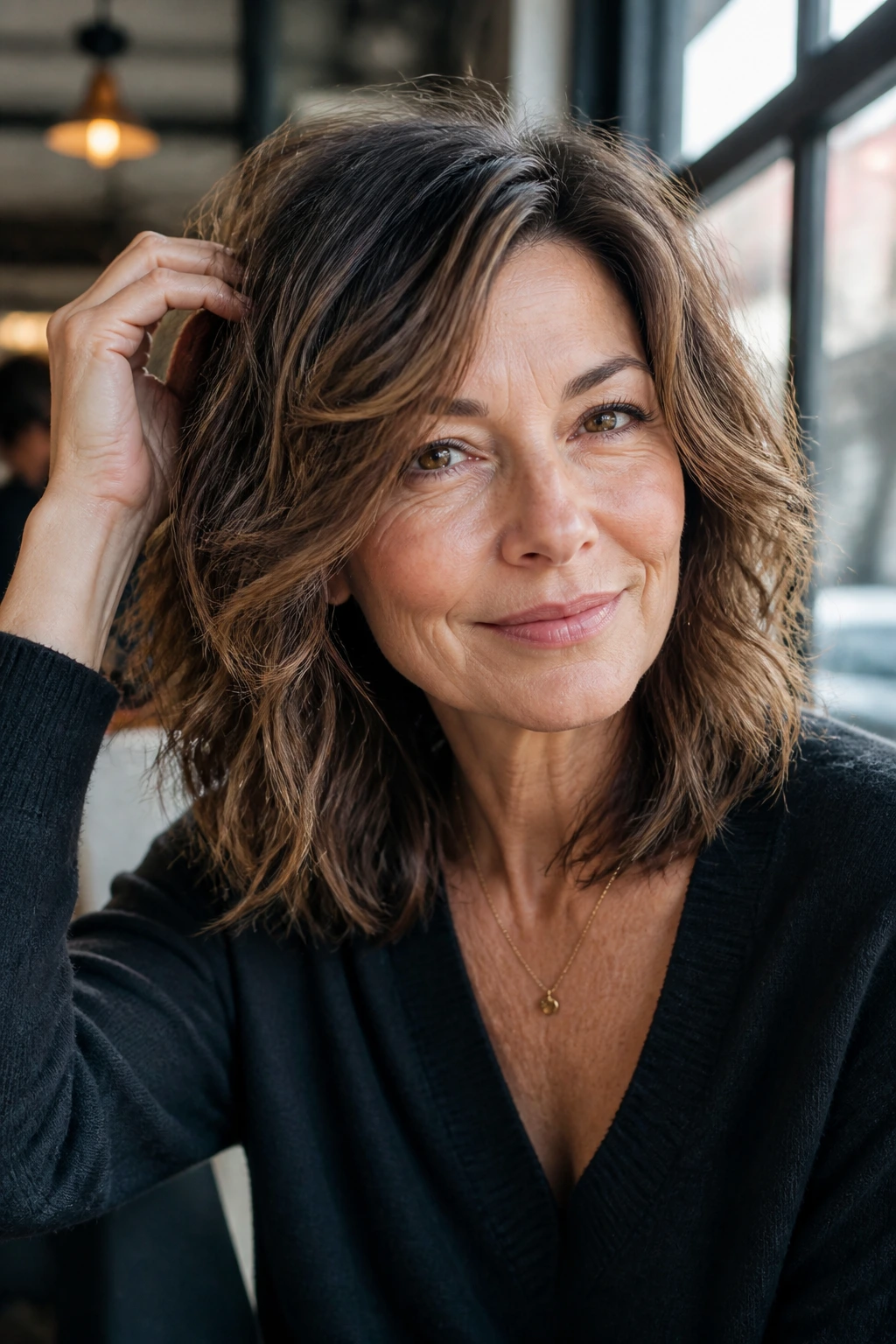 Close-up of a real woman with piecey mid-length waves and texture.